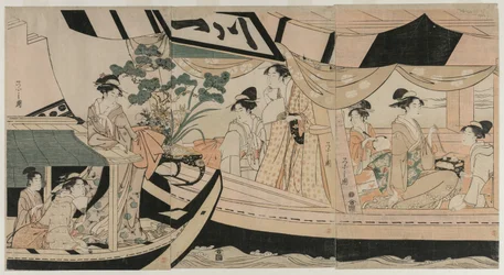 Donne in una barca da piacere sul fiume Sumida