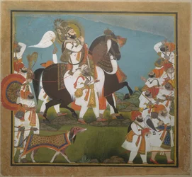 Maharana Bhim Singh e il suo seguito partono per una caccia, ca. 1805-10