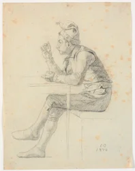 Ragazzo contadino con berretto a tavola