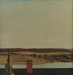 Cresta del tetto del Castello di Frederiksborg con vista sul lago, città e foresta