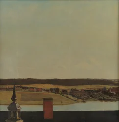 Cresta del tetto del Castello di Frederiksborg con vista sul lago, città e foresta