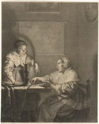 Interno con dama e domestica alla luce delle candele