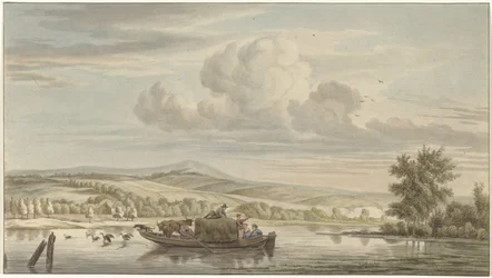 Vista del fiume con barca di fieno