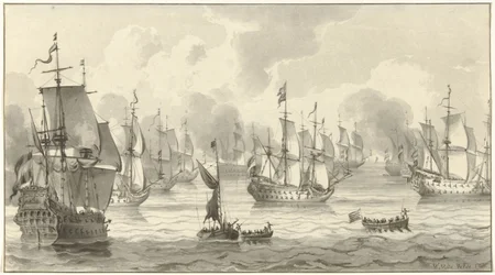 Veduta marina con flotta da guerra