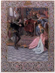 Amleto davanti al re Claudio, alla regina Gertrude e a Ofelia, scena da «Amleto» di William Shakespeare (1564-1616), ca. 1900