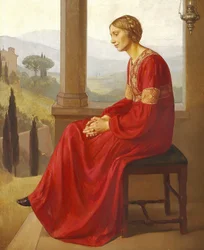 Una donna in un vestito rosso seduta su una terrazza in un paesaggio italiano