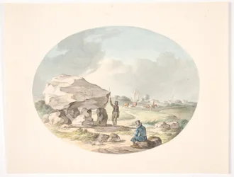 Dolmen fuori da un villaggio con una chiesa