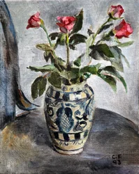 Rose rosa in un vaso dipinto