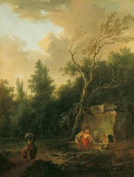 Paesaggio con albero e fontana
