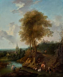 Paesaggio con tre alberi e chiesa