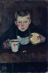 Ragazzo di bottega che beve caffè
