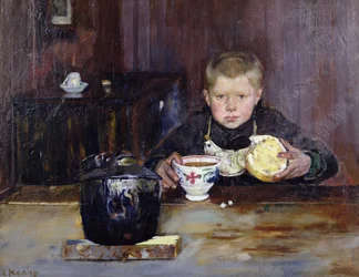 Ragazzo di bottega che beve caffè
