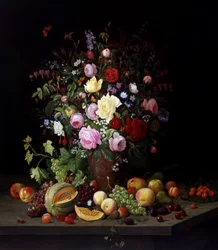 Natura morta di fiori e frutta. Dipinto di Christian Mollback (1853-1921) Collezione privata.