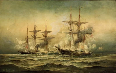 Kearsarge e Alabama al largo del porto di Cherbourg in Francia, 19 giugno 1864, c.1870