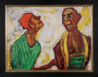 Una conversazione di clown (tempera e olio su tela)