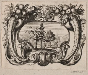 Emblema con un giardiniere e un amorino che piantano un albero