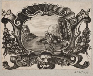 Emblema con pastore che si specchia in un lago