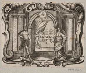 Emblema con portale, uomo e donna, amorino e due cuori ardenti