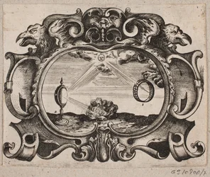 Emblema con sole che brilla attraverso un anello e una lente d