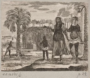 Indigeni davanti a una capanna di palme