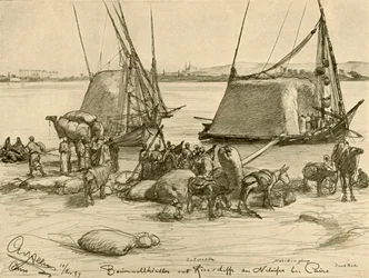 Caricamento del cotone su barche di grano, Fiume Nilo, Il Cairo, Egitto, 1898
