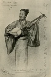 Donna che suona lo shamisen, Cascate di Mentaki, Kobe, Giappone, 1898