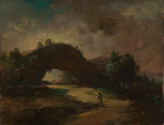 Paesaggio con un arco roccioso ricoperto di arbusti