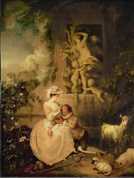 Amanti con pecore e capre (olio su tela)