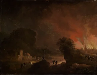 Paesaggio notturno con città in fiamme