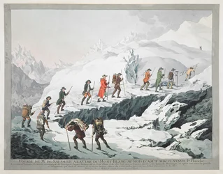 Horace Bénédict de Saussure e le sue guide attraversano un ghiacciaio del Monte Bianco (incisione)