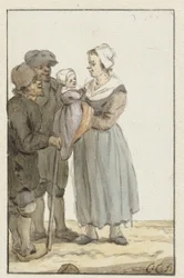 Donna con bambino vicino a due uomini