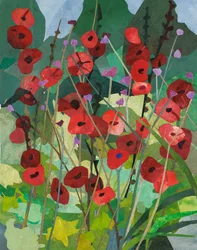 Cornerways Hollyhocks, 2025 (collage di carta dipinto ad acquerello)