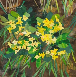 Southolt Primroses, 2025 (collage di carta dipinto ad acquerello)