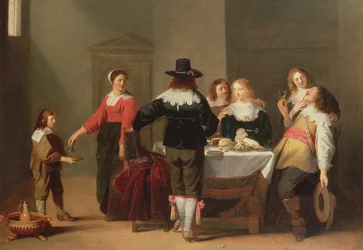 Interno di una guardia con soldati che mangiano e bevono in compagnia femminile, 1639