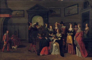 Compagnia elegante che gioca a La Main Chaude in un interno