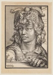 Busto di giovane uomo con cappuccio piumato
