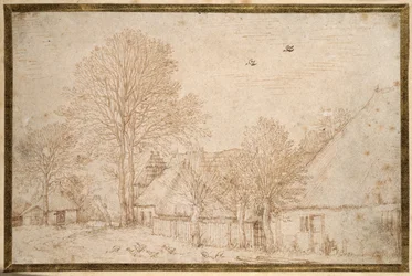 Edifici di paglia, alberi quasi spogli e uno stormo di oche
