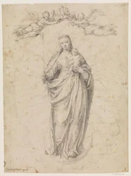 Maria con il bambino in piedi sulla luna
