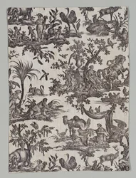 Frammento di cotone stampato con il design Les quatres parties du monde, 1788
