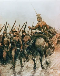 Lanciere del Corpo delle Guide Belghe che passa la fanteria francese in marcia verso il fronte nel 1914