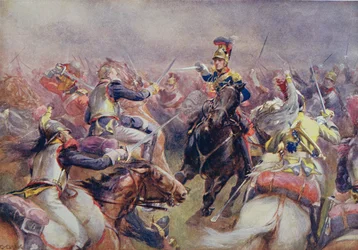 La carica della Brigata Pesante contro i corazzieri francesi a Waterloo, da «British Battles on Land and Sea», a cura di Sir Evelyn Wood (1838-1919), pubblicato per la prima volta nel 1915