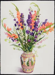 Speronella e gladioli in un vaso marocchino