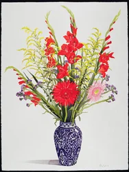 Gigli tigrati, gladioli e scabiosa in un vaso marocchino blu