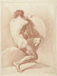 Nudo maschile seduto, visto di schiena