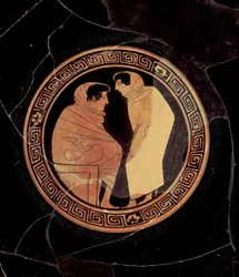 Kylix a figure rosse attica raffigurante una conversazione tra due figure maschili, c.450 a.C. (dettaglio)