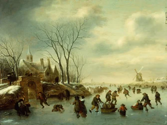 Paesaggio invernale con pattinatori (olio su tavola)