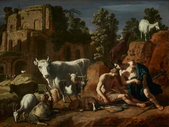 Olandese: Mercurio si prepara a decapitare Argus addormentato Mercurio e Argus circondati da animali in un paesaggio
