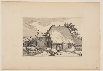 Una fattoria, uomo con due secchi sul sentiero di fronte, da Paesaggi (Verscheyden aerdige Lanthuysen...)