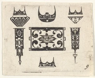 Stampa a ricamo nero con nove motivi, ca. 1620.