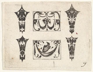 Stampa di ricamo nero con due pannelli orizzontali e quattro castoni, ca. 1620